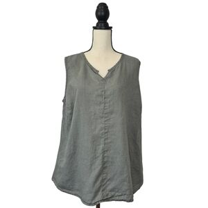 Flax Top Olive Green Linen Sleeveless Split V Neck Lagenlook Women's Size 18-20